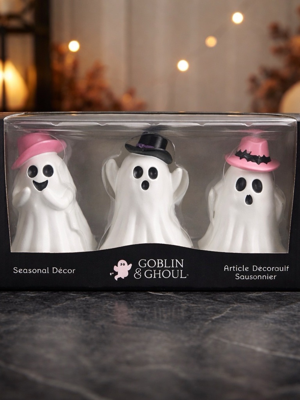 Goblin & Ghoul Pink and Black Hat Ghost Figurine Set - Seasonal Décor